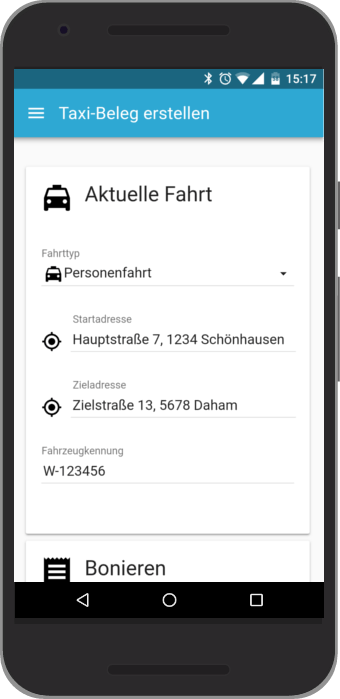 die Taxi Ansicht der mobilen Registrierkasse obono